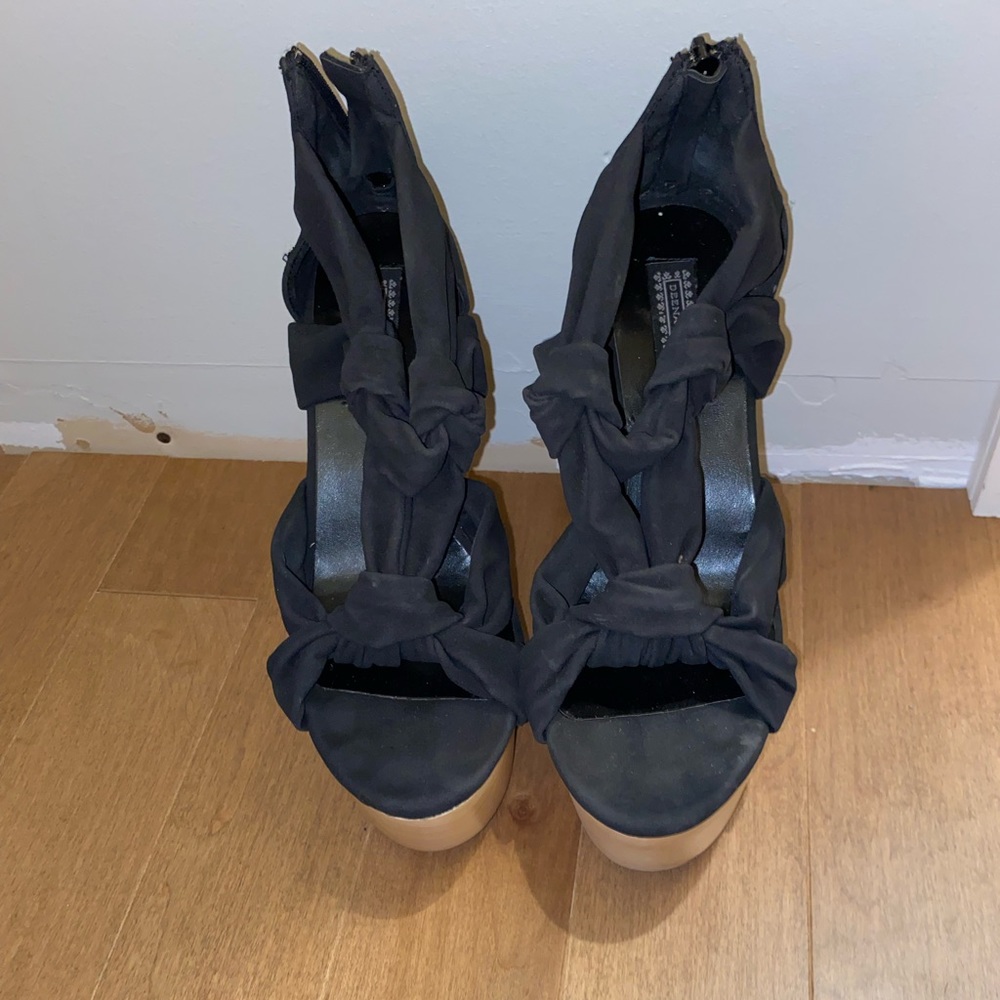 Suede Black and Wood Bottom Heels